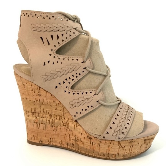 Marc Fisher Hosana Wedge Taupe Leather Lace-Up Platform Gladiator Sandal 10M - Picture 1 of 8